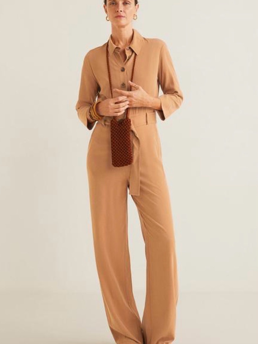 Mango Camel Button-Up Wide-Leg Jumpsuit